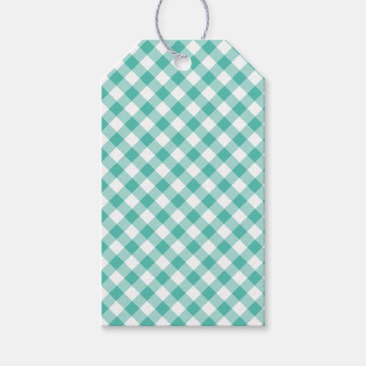 Retro-Gingham-Blau-Gras-Grün Geschenkanhänger (Vorderseite)