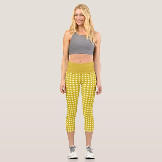 Retro Gingham Kariert in Mustard Yellow Capri Leggings (Vorderseite)