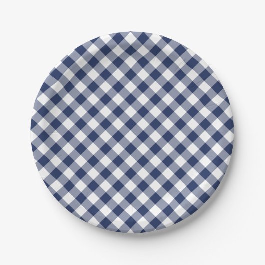 Retro-Gingham Navyblau Pappteller (Vorderseite)