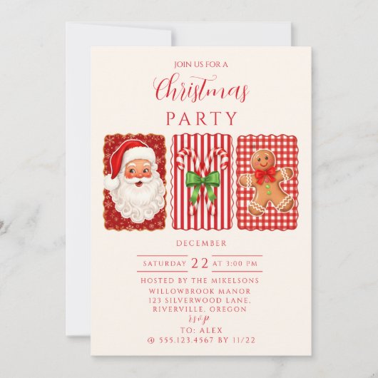Retro Gingham Santa Gingerbread Christmas Einladung (Vorderseite)