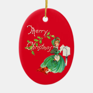 Retro Girl and Dog Alte Weihnachten Keramik Ornament