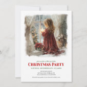 Retro girl awaits Santa digital Christmas invites Einladung (Vorderseite)
