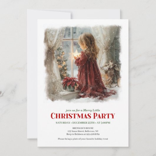 Retro girl awaits Santa digital Christmas invites Einladung (Vorderseite)