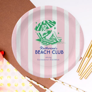 Retro Girl Beach Club Rosa Streifen Geburtstagspar Pappteller