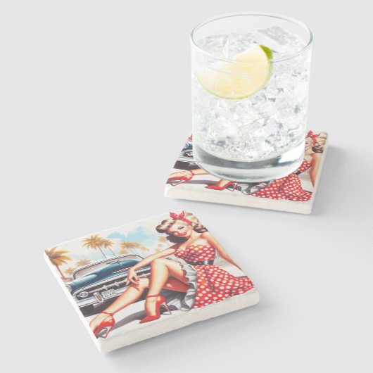 Retro Girl Classic Button Up Steinuntersetzer (Seitenansicht)