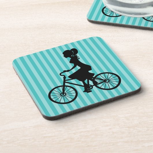 Retro Girl Cyclist Silhouette Getränkeuntersetzer (Linke Seite)