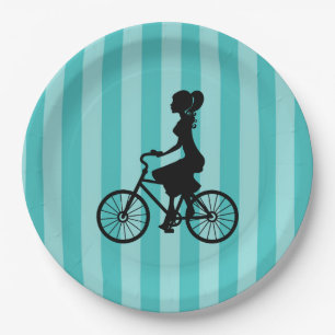 Retro Girl Cyclist Silhouette Pappteller
