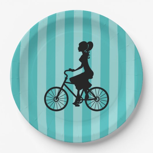 Retro Girl Cyclist Silhouette Pappteller (Vorderseite)