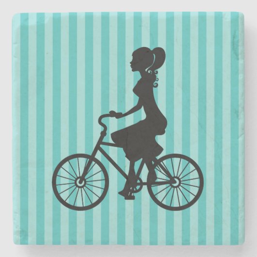 Retro Girl Cyclist Silhouette Steinuntersetzer (Vorderseite)