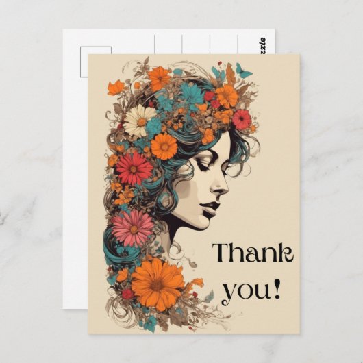 Retro Girl mit Blume im Haar Postcard Postkarte (Vorne/Hinten)