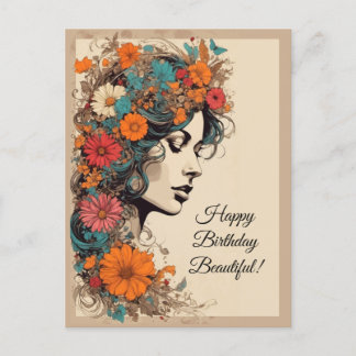 Retro Girl mit Blume im Haar Postkarte