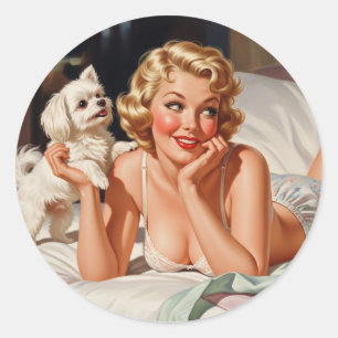 Retro Girl mit maltesischem Hund 50er Button-up Ar Runder Aufkleber
