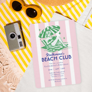 Retro Girl Pink Stripes Beach Club Geburtstagspart Einladung