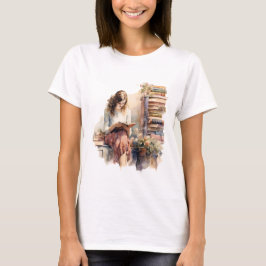 Retro Girl Reading Book by Window Blume T-Shirt