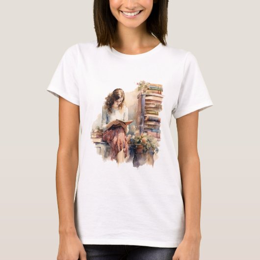 Retro Girl Reading Book by Window Blume T-Shirt (Vorderseite)