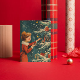 Retro Girl Red Dress Dekorieren Weihnachtsbaum Feiertagskarte