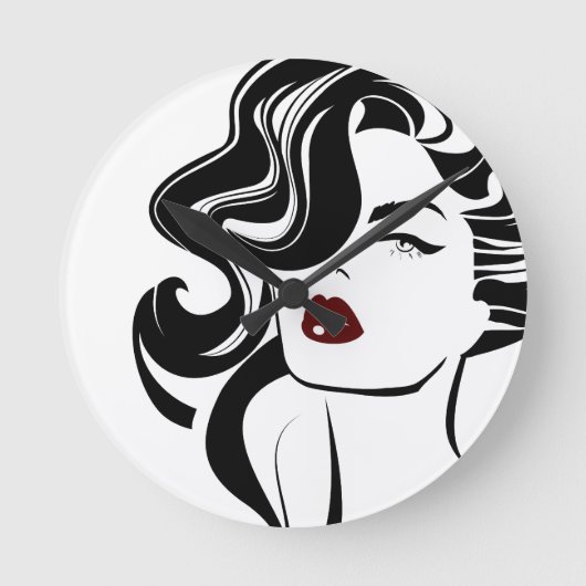 Retro Girl Red Lips Runde Wanduhr (Vorderseite)