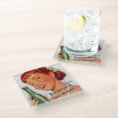 Retro Girl Soda Advert Custom Slogan Glasuntersetzer (Schrägansicht)