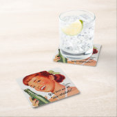 Retro Girl Soda Advert Custom Slogan Rechteckiger Pappuntersetzer (Vor Ort)
