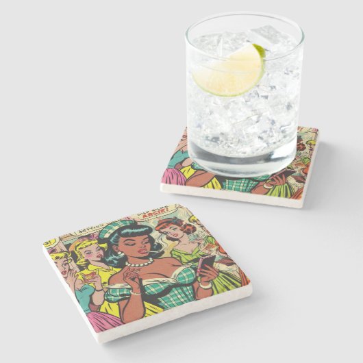 Retro Girls Comic Steinuntersetzer (Seitenansicht)