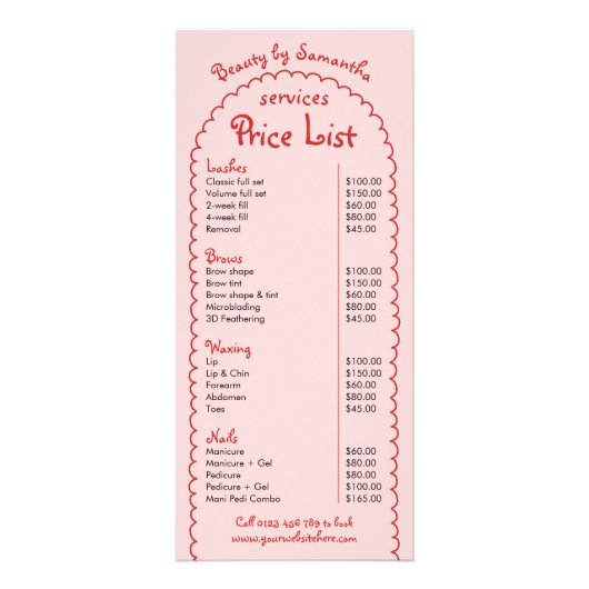 Retro Girly Red Pink handgeschriebene Salon-Preisl Werbekarte (Vorne)