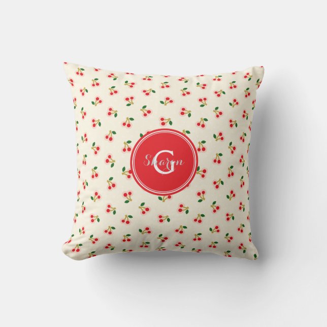 Retro girly rote Kirsche kopiert Monogramm Kissen (Vorderseite)