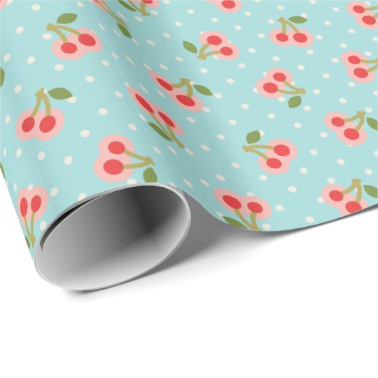 Retro-Girly-Türkis-Kirschmuster Monogramm Geschenkpapier (Rolleneckpunkt)