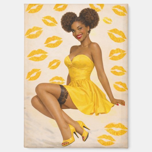 Retro Glam Afro Pin-Up Girl in Yellow Dress  Magnet (Vorderseite)
