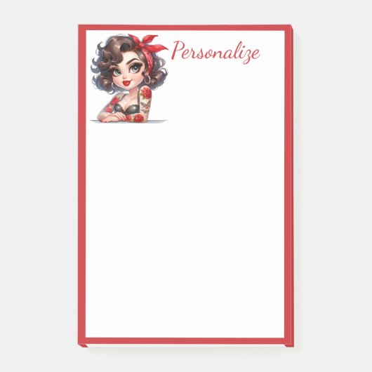 Retro Glam Girl Rose Tattoo Red Border Personalisi Post-it Klebezettel (Vorderseite)