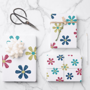 Retro Glam Girly 60er Glitzer Blume Geschenkpapier Set