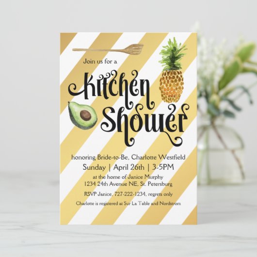 Retro Glam Gold Streifen Küchendusche Einladung (Stehend Vorderseite)
