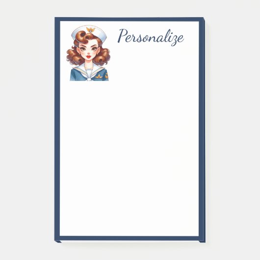 Retro Glam Navy Girl Blue Border Personalisieren Post-it Klebezettel (Vorderseite)