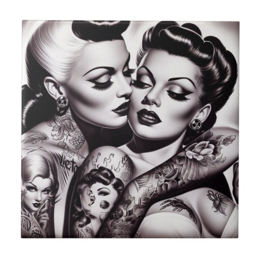 Retro Glam Tattoo Girls Fliese (Vorderseite)