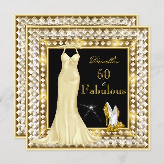 Retro Glamour Hollywood Fabulous 50 Gold Deko Einladung (Vorne/Hinten)