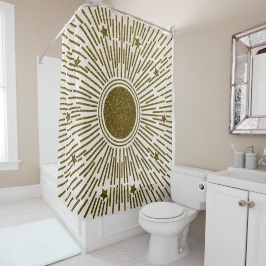 Retro-Glitzer, goldene Sonne mit Rochen Duschvorhang (Beispiel)