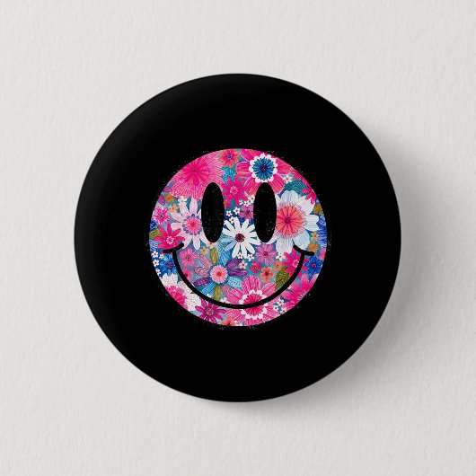 Retro glückliche Blumen lächelndes Gesicht Groovy Button (Vorderseite)