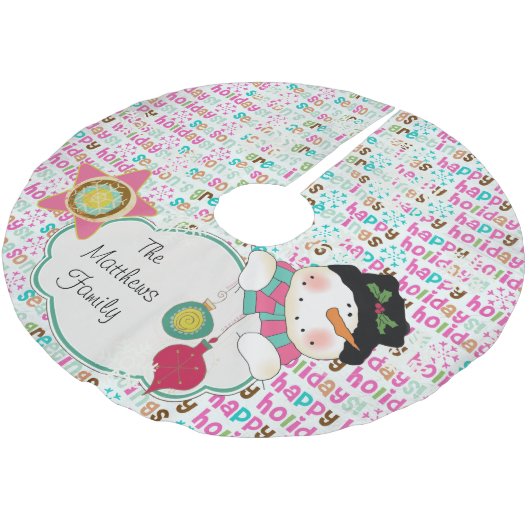 Retro glücklicher Schneemann-kundenspezifischer Polyester Weihnachtsbaumdecke (Schrägansicht)