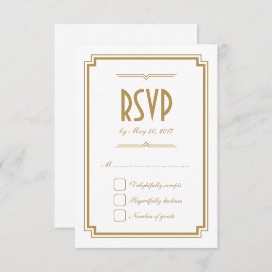Retro Gold Art Deco Frame White Wedding RSVP Card (Vorne/Hinten)
