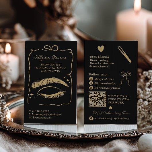Retro gold black Doodles Brow Artist QR Code Visitenkarte