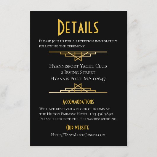 Retro Gold Black Great Gatsy Details Hochzeitskart Begleitkarte (Vorderseite)