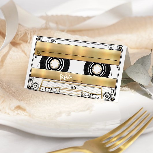 Retro Gold Cassette Tape Wedding Folded Place Card Platzkarte