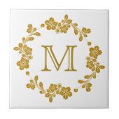 Retro Gold Floral Border Monogramm Fliese (Vorderseite)