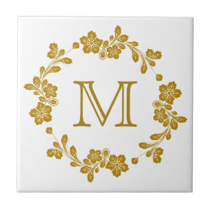 Retro Gold Floral Border Monogramm Fliese
