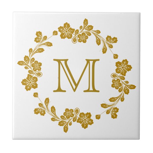 Retro Gold Floral Border Monogramm Fliese (Vorderseite)