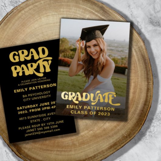 Retro Gold Foil Graduate Foto Party Folieneinladung