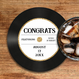 Retro Gold Glitzer Vinyl Record Glückwunschs Hochz Runder Pappuntersetzer