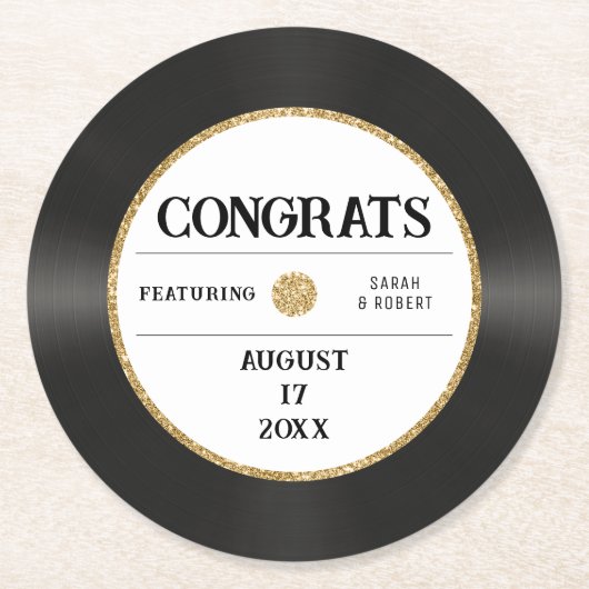 Retro Gold Glitzer Vinyl Record Glückwunschs Hochz Runder Pappuntersetzer (Vorderseite)
