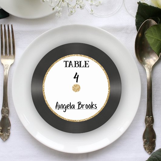 Retro Gold Glitzer Vinyl Record Wedding Platzkarte Runder Pappuntersetzer