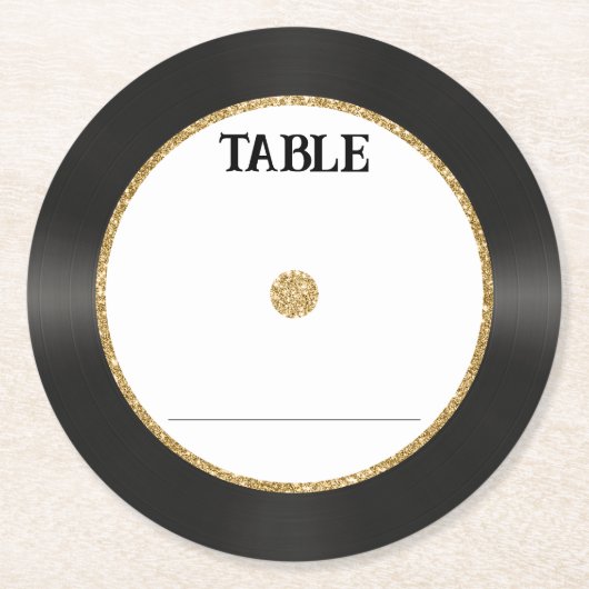 Retro Gold Glitzer Vinyl Record Wedding Platzkarte Runder Pappuntersetzer (Vorderseite)