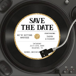 Retro Gold Glitzer Vinyl Record Wedding Save The Date